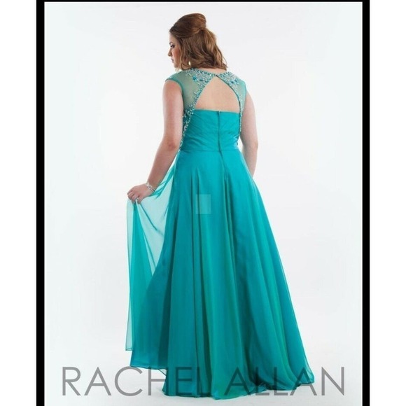 Rachel Allan 22w Prom Dress Teal Beaded Sequin Cap Sleeve Mesh Layered Maxi Long - Picture 3 of 16